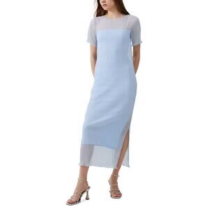French Connection Saskia Ruched Sheer Yoke Short Sleeve Midi Dress Blue Size S